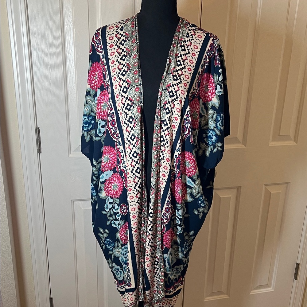 NWOT Angie Navy Kimono with Pink and Cream Floral Design